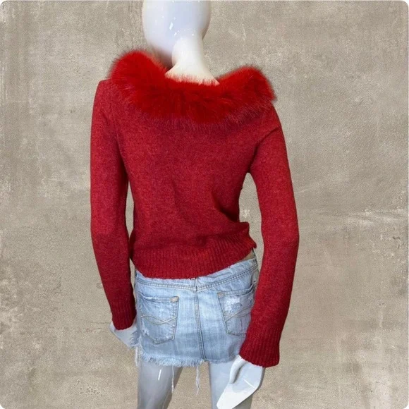 Red Knit Sweater Faux Fur Trim Collar Y2K Glam Winter Top Medium - Picture 3 of 8